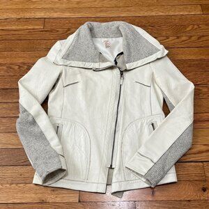 Free People Womens Genuine Leather Moto Jacket Sz 2 White W/ Gray Wool Knit Arms